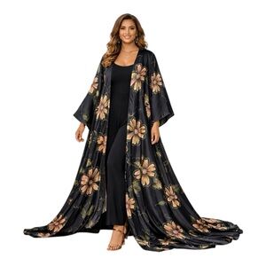 Ashro Black Floral Dramatic Caftan Maxi Duster Kimono OS Boho Glam Resortwear